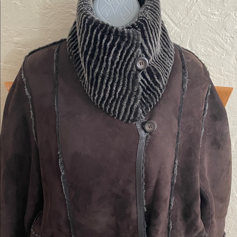 Elegant Women's Dark Brown Leather Jacket with Gray Details